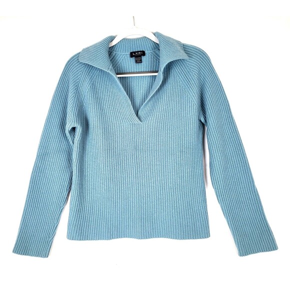 LXRI 100% Cashmere Sweater Womens Large V Neck Collar Light Blue - Picture 1 of 3